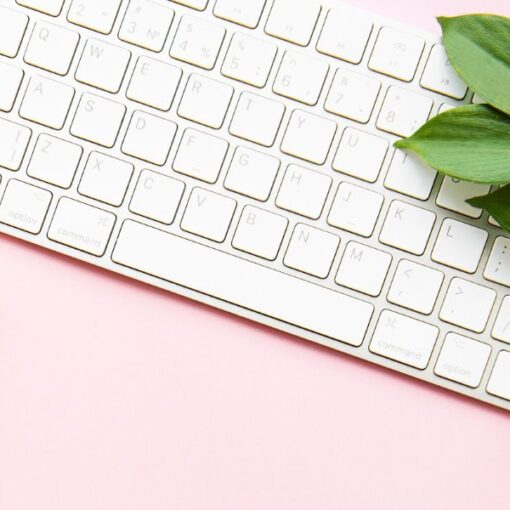 virtuális asszisztens billentyűzete rózsaszín íróasztalon növény díszítéssel